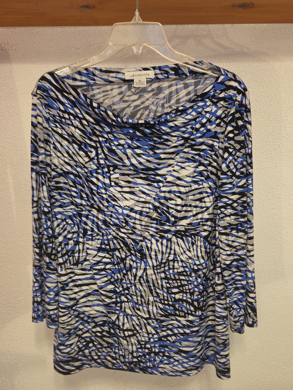 Liz Claiborne Blue Black White Abstract Print Cowl Neck Tunic